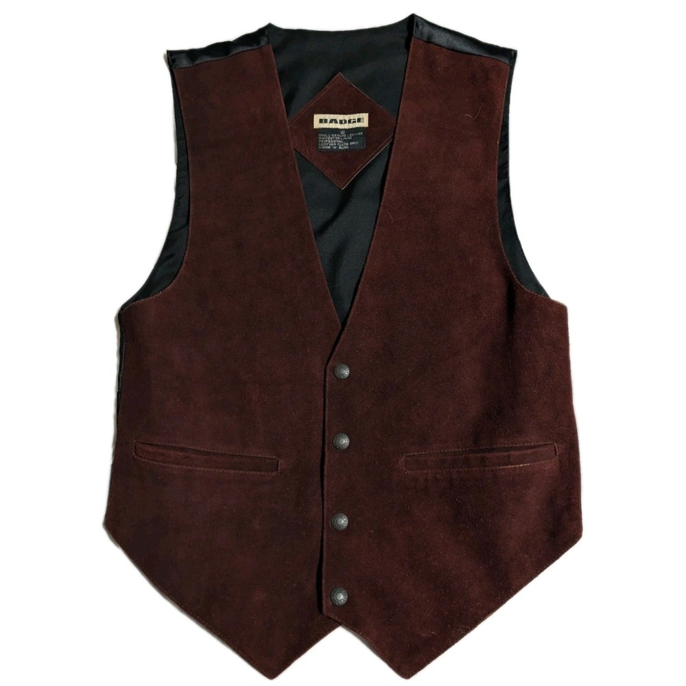 Vintage BADGE Suede Leather Vest Mens‎ S Brown Western Biker Motorcycle Snap
